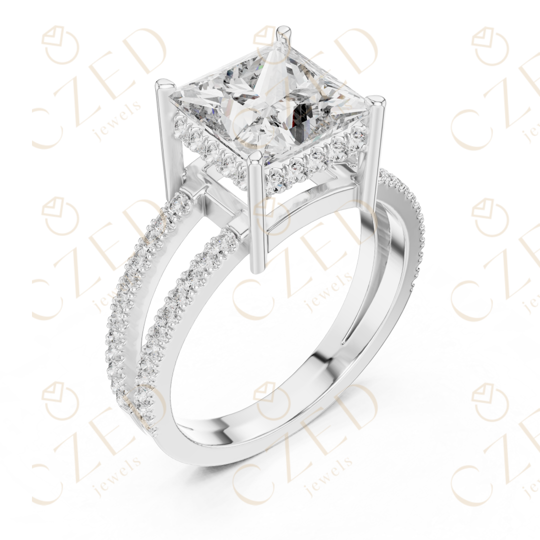 Princess Cut Solitaire Diamond Ring with Double Pavé Band