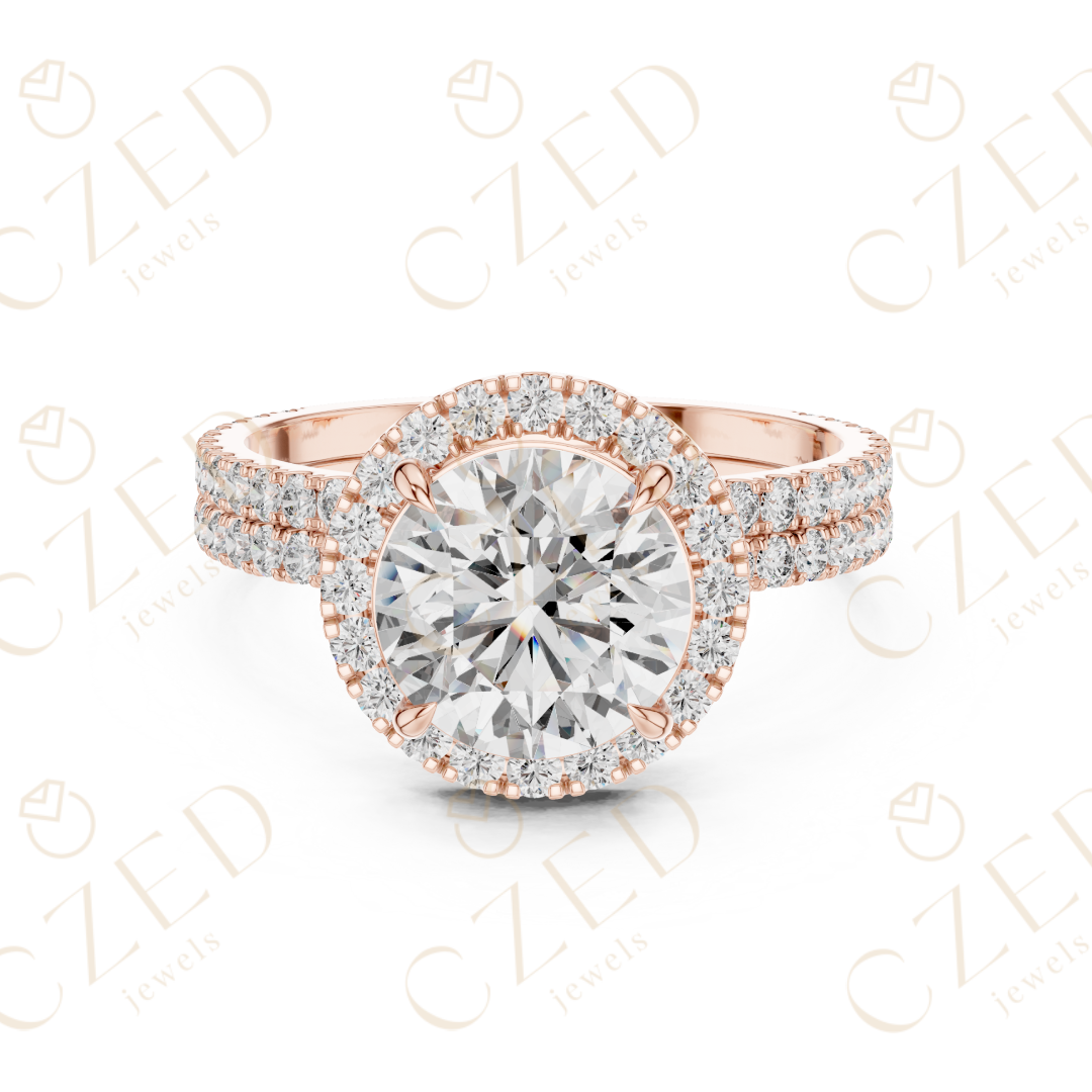 Round Brilliant Diamond Halo Ring with Double Row Pave  Band