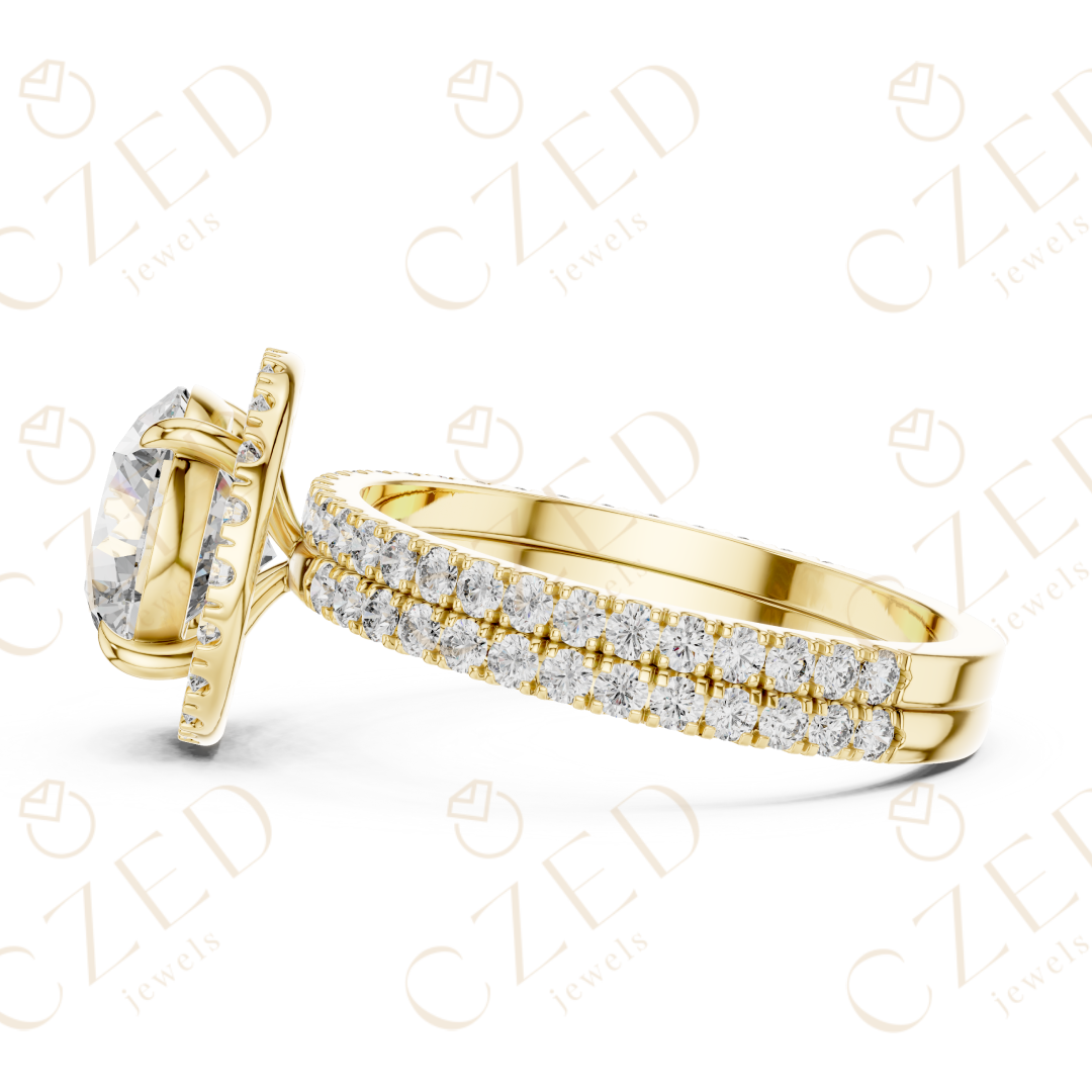 Round Brilliant Diamond Halo Ring with Double Row Pave  Band