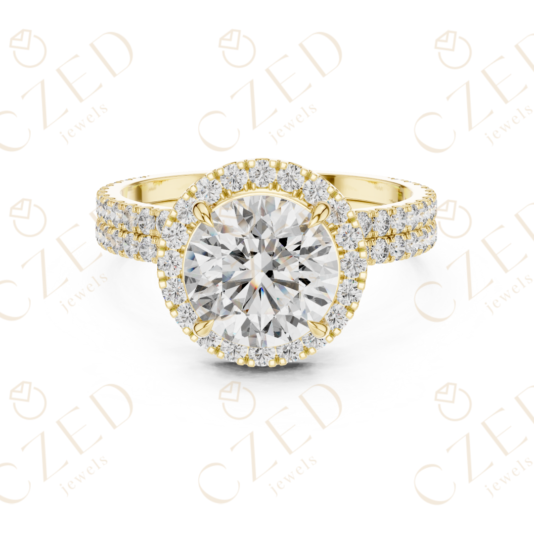 Round Brilliant Diamond Halo Ring with Double Row Pave  Band