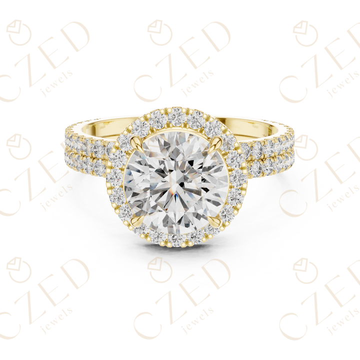 Round Brilliant Diamond Halo Ring with Double Row Pave  Band