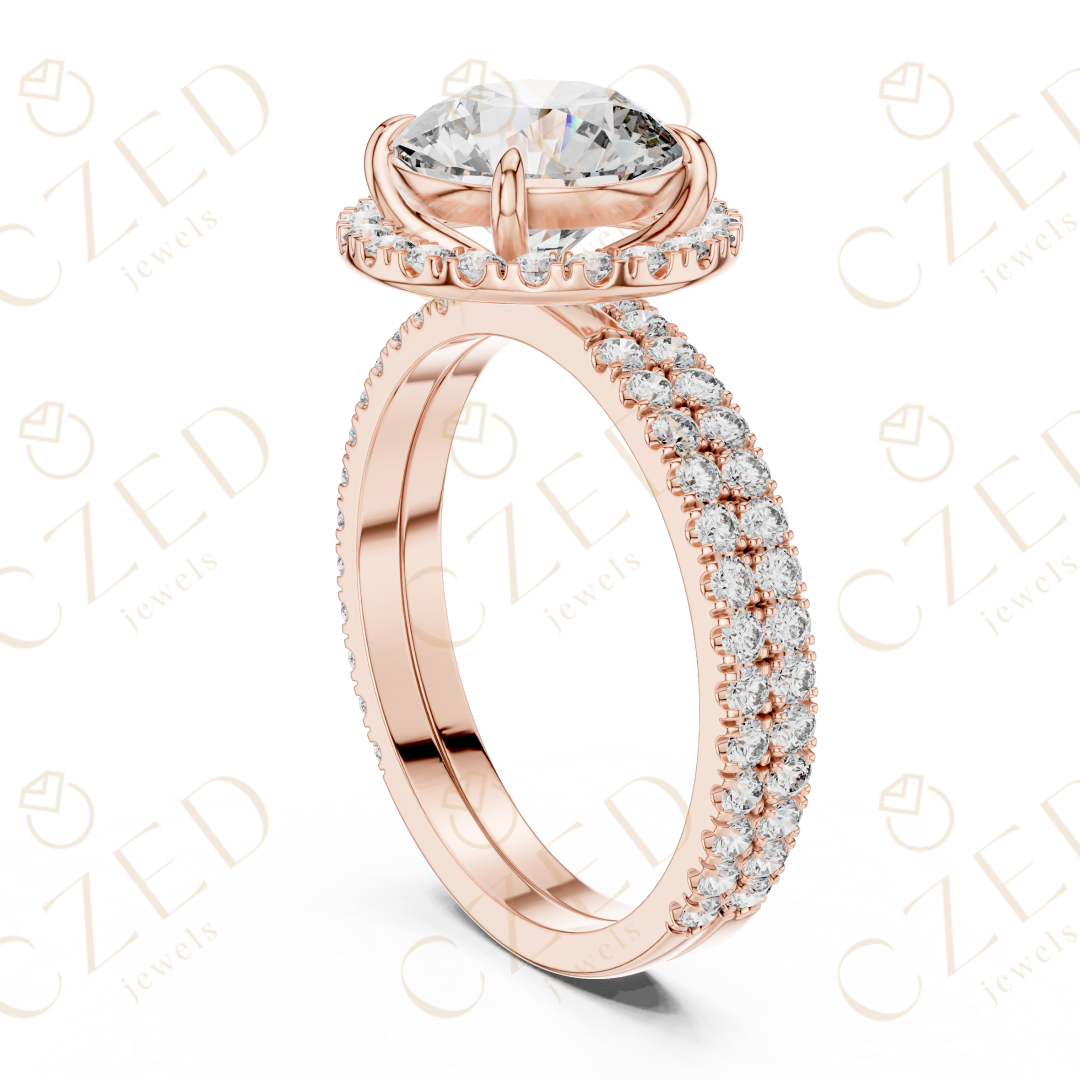 Round Brilliant Diamond Halo Ring with Double Row Pave  Band