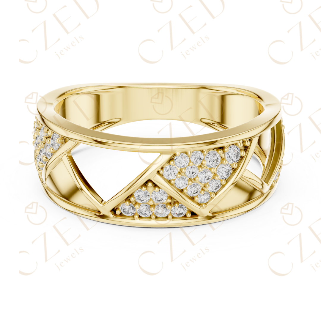 Round Cut Diamond Geometric Cross Band Ring
