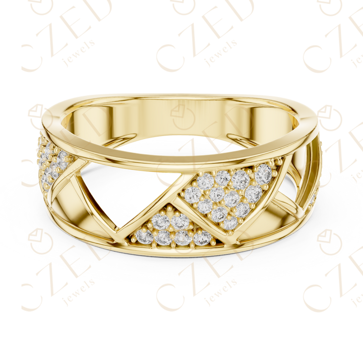 Round Cut Diamond Geometric Cross Band Ring