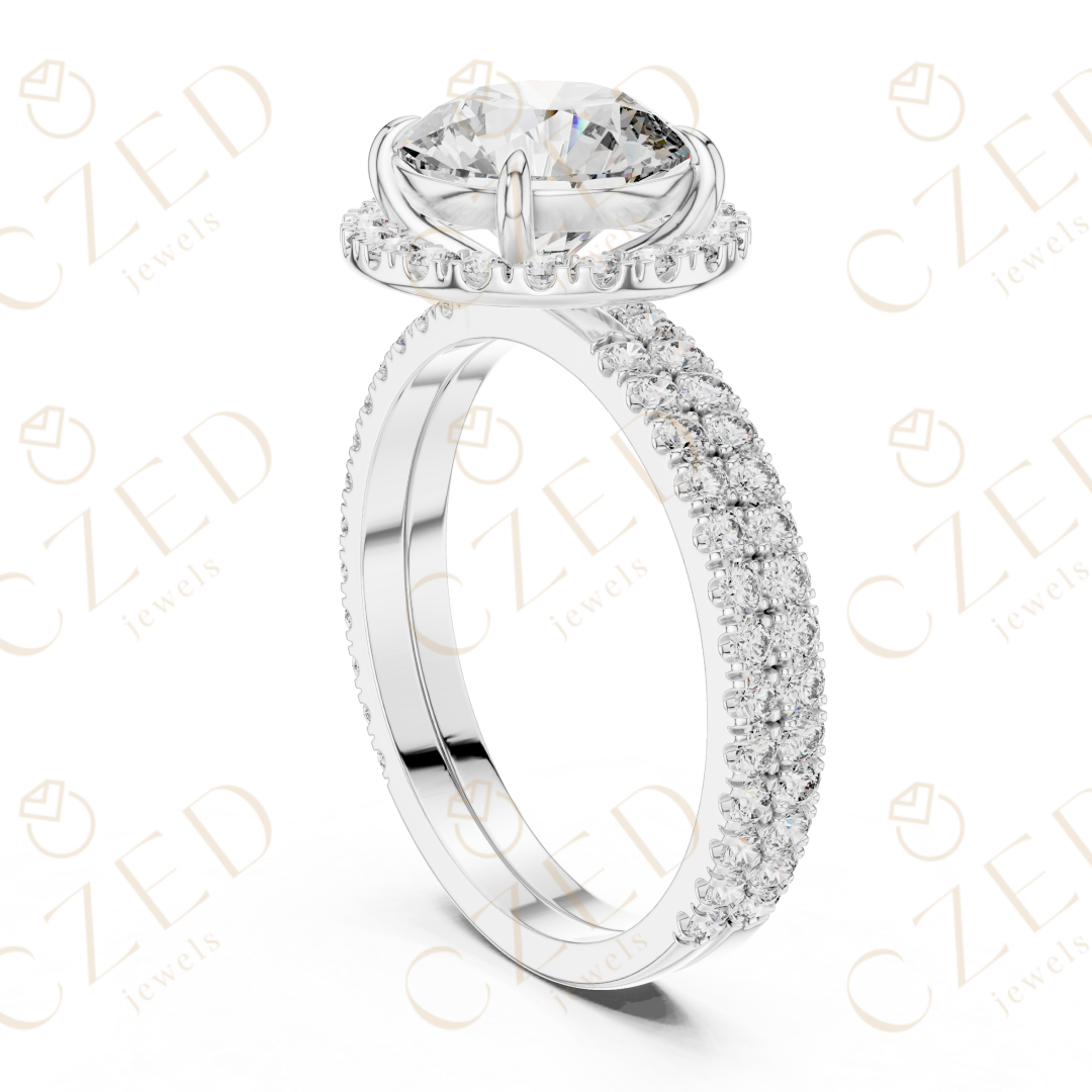 Round Brilliant Diamond Halo Ring with Double Row Pave  Band