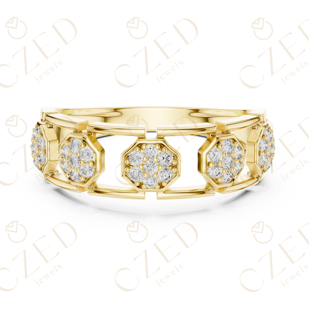 Round Cut Diamond Pavé Hexagon Panel Men’s Band with Openwork Links