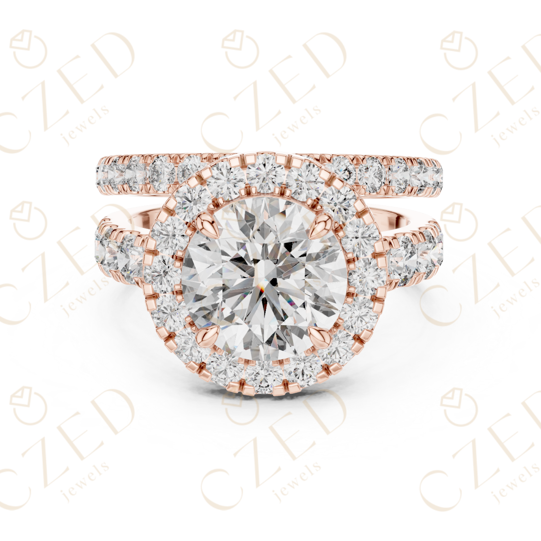 Round Brilliant Diamond Halo Ring with Double Row Pave Band and Matching Band
