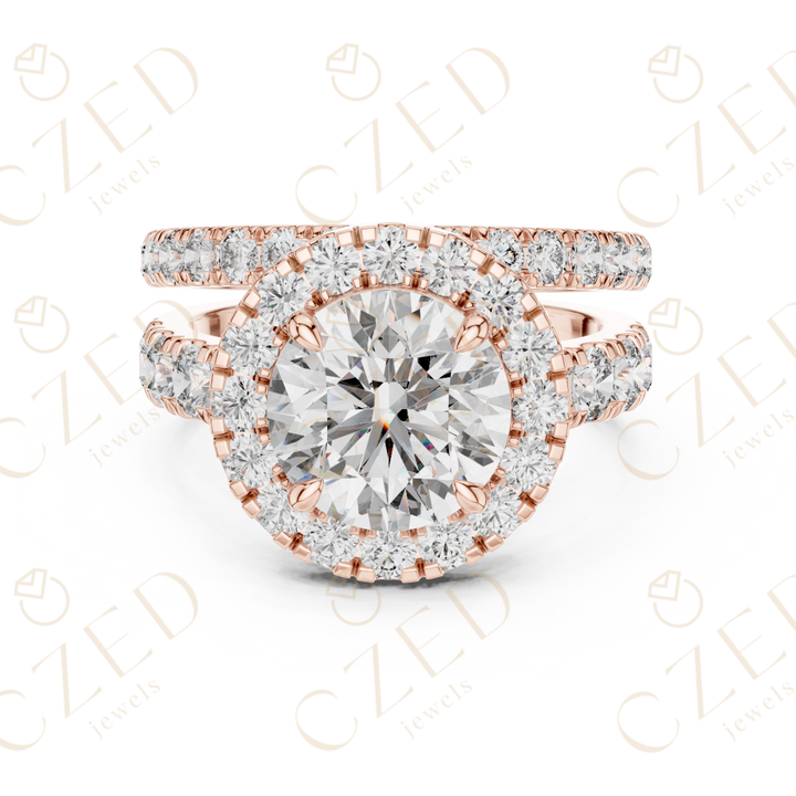 Round Brilliant Diamond Halo Ring with Double Row Pave Band and Matching Band