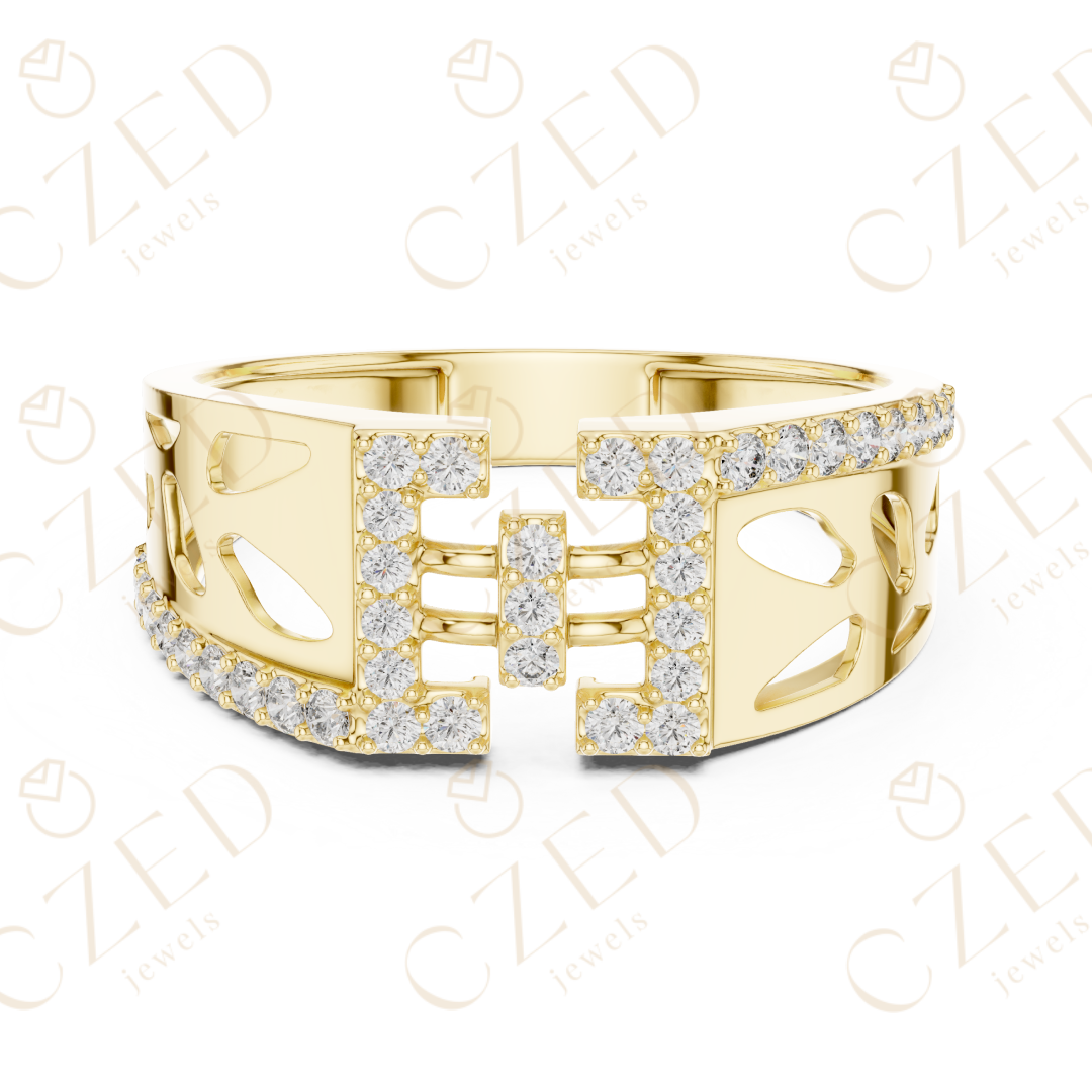 Round Cut Diamond Geometric Open Panel Band Ring