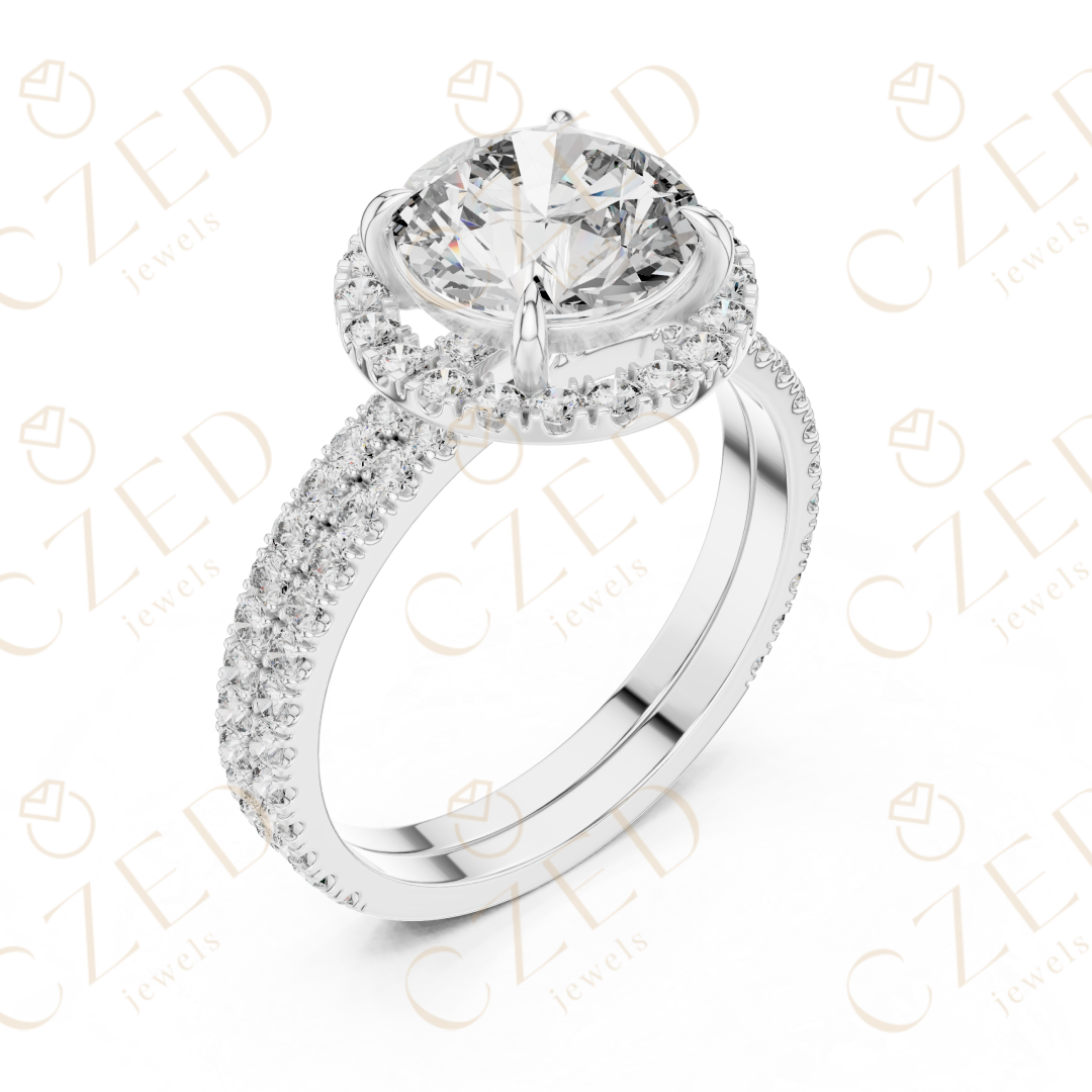 Round Brilliant Diamond Halo Ring with Double Row Pave  Band