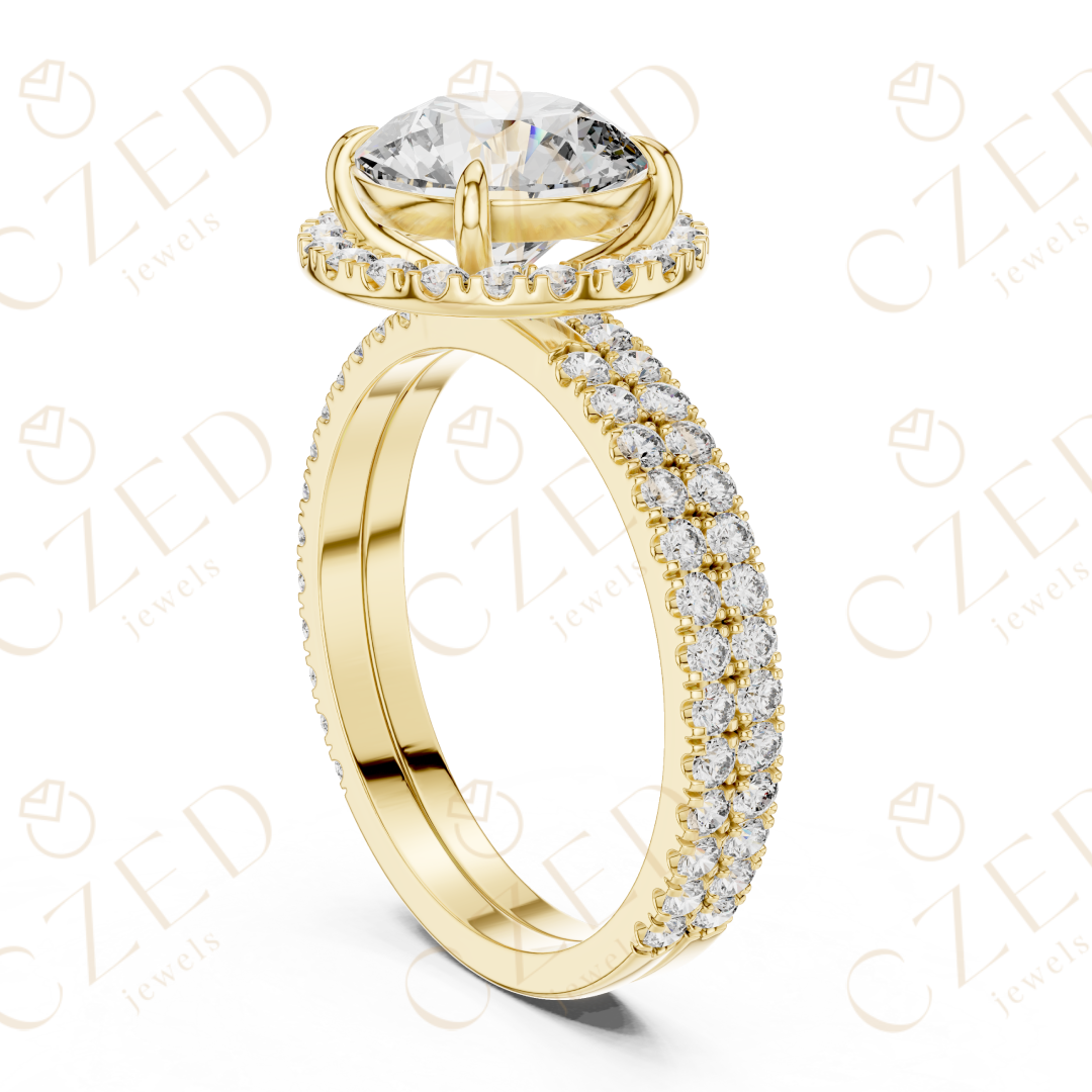 Round Brilliant Diamond Halo Ring with Double Row Pave  Band