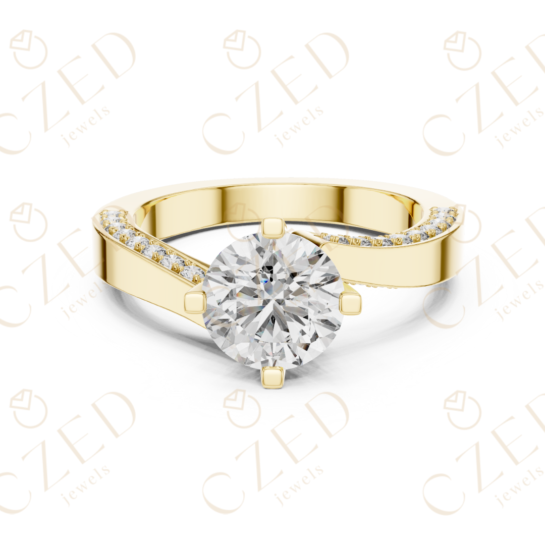 Round Brilliant Solitaire Diamond Ring with Twisted Pavé Accents