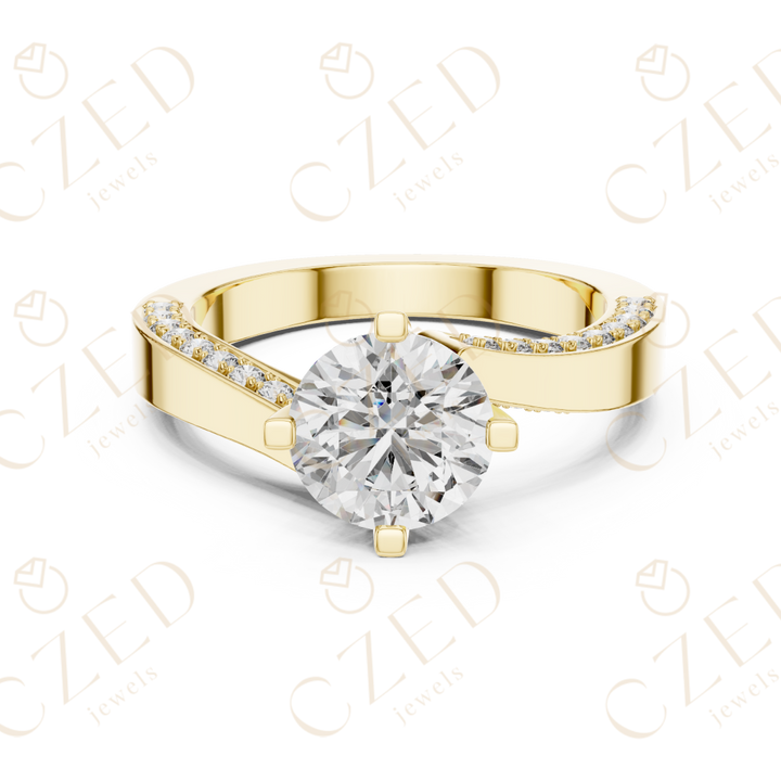 Round Brilliant Solitaire Diamond Ring with Twisted Pavé Accents