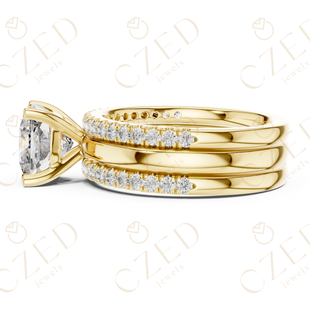 Cushion Cut Diamond Solitaire Ring with Pavé Band Stack