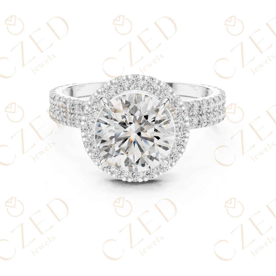 Round Brilliant Diamond Halo Ring with Double Row Pave  Band