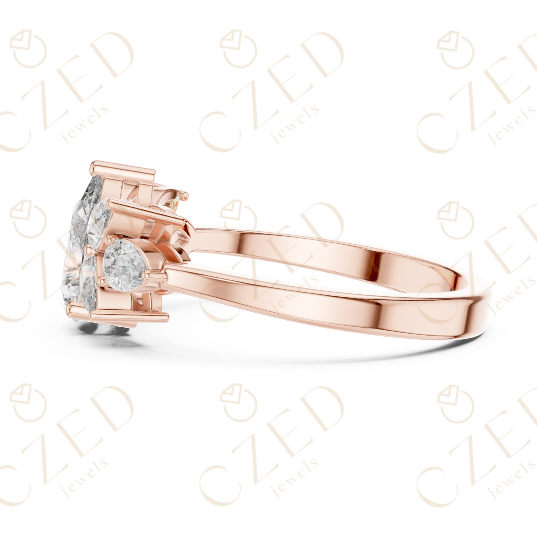 Pear Cut Diamond Floral Side Stone Ring with Elegant Petal-Inspired Brilliance