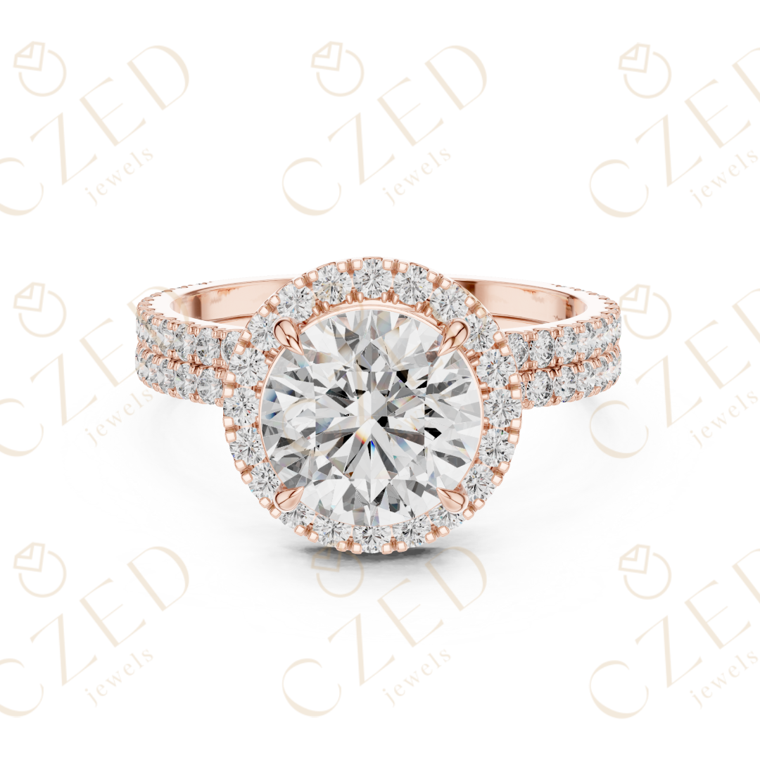 Round Brilliant Diamond Halo Ring with Double Row Pave  Band