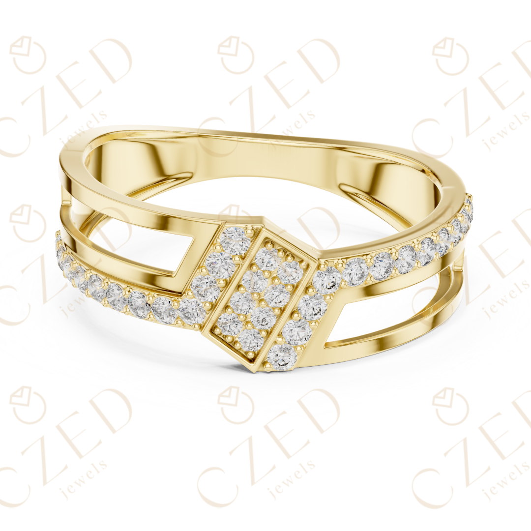 Round Cut Diamond Geometric Panel Band with Pavé Accents