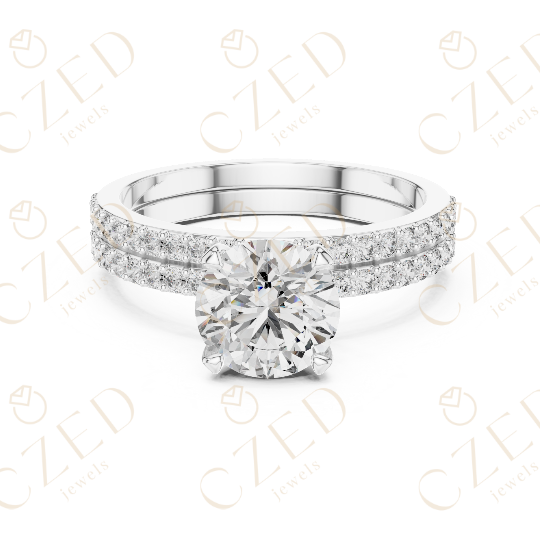 Round Brilliant Diamond Solitaire Ring with Double Row Pave Band