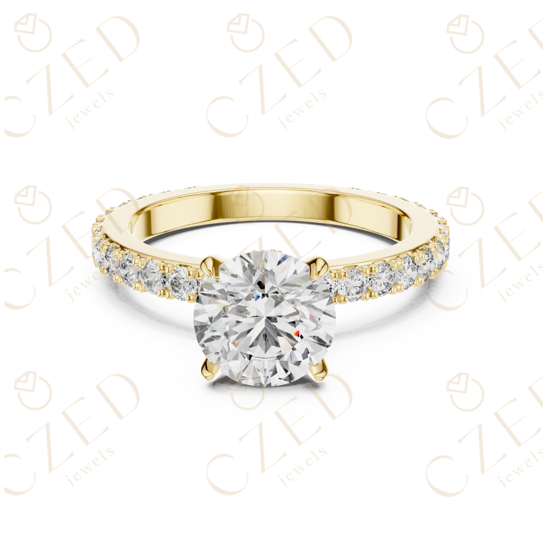 Round Cut Diamond Solitaire Ring with Pavé Side Stones
