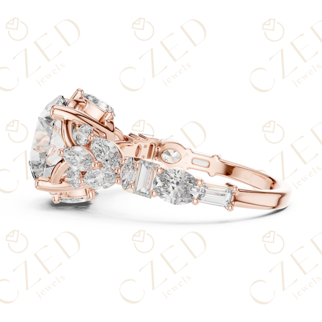 Round Cut Diamond Engagement Ring with Mixed Shape Side Stones