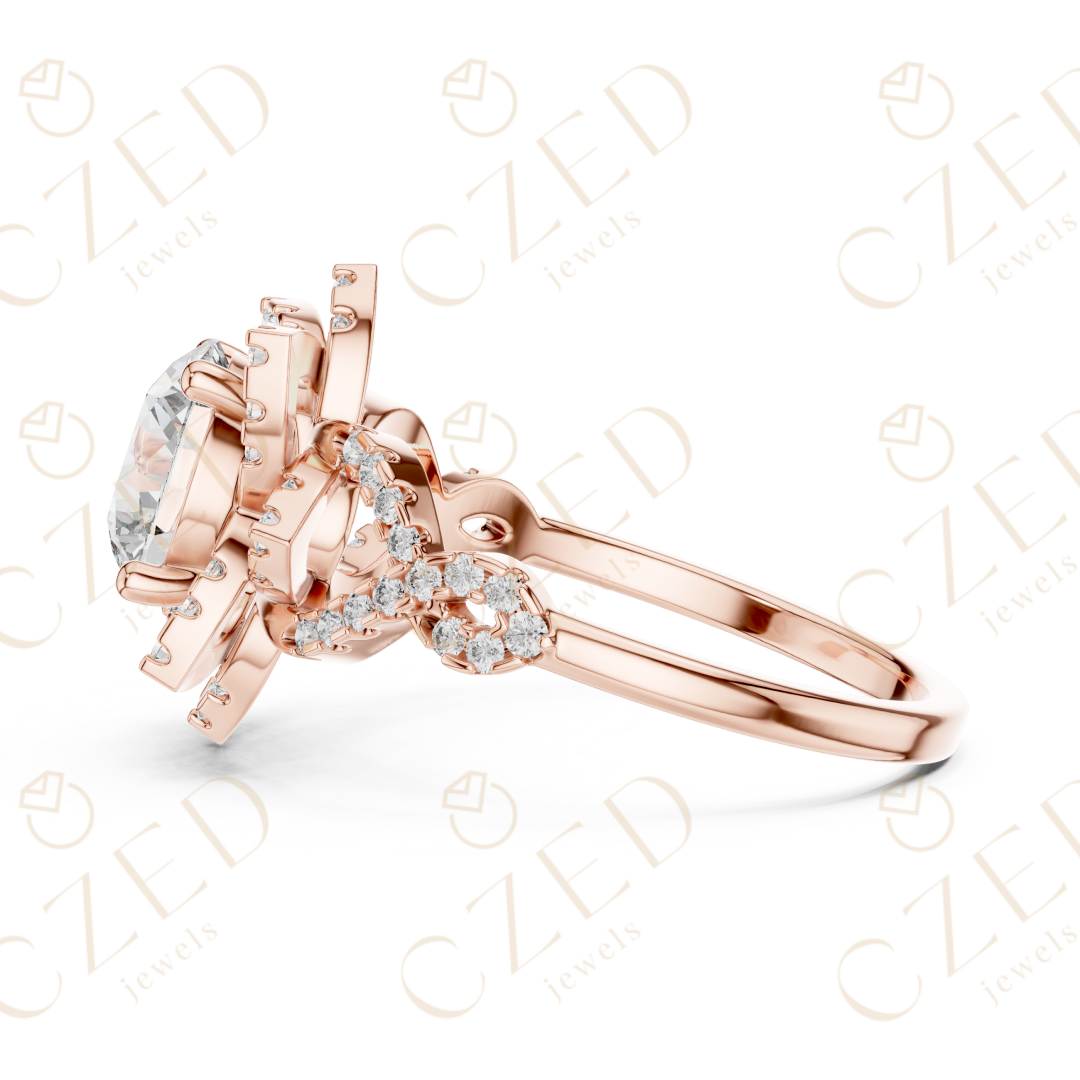 Round Cut Floral Halo Diamond Engagement Ring