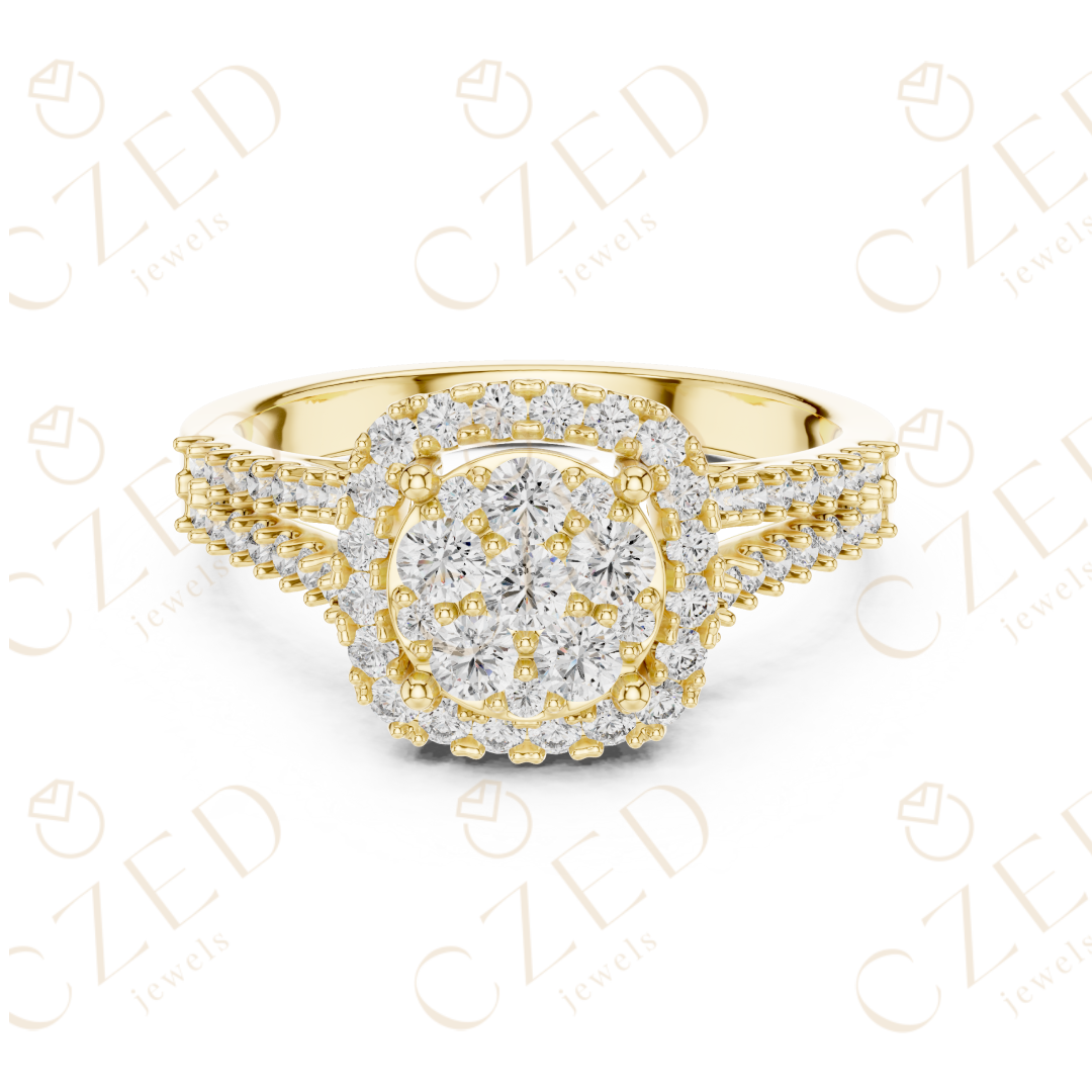Round Diamond Cluster Halo Ring with Split Shoulder Detailing