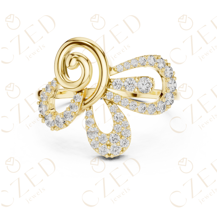 Round Cut Diamond Scroll Bow Twist Halo Ring with Pavé Brilliance