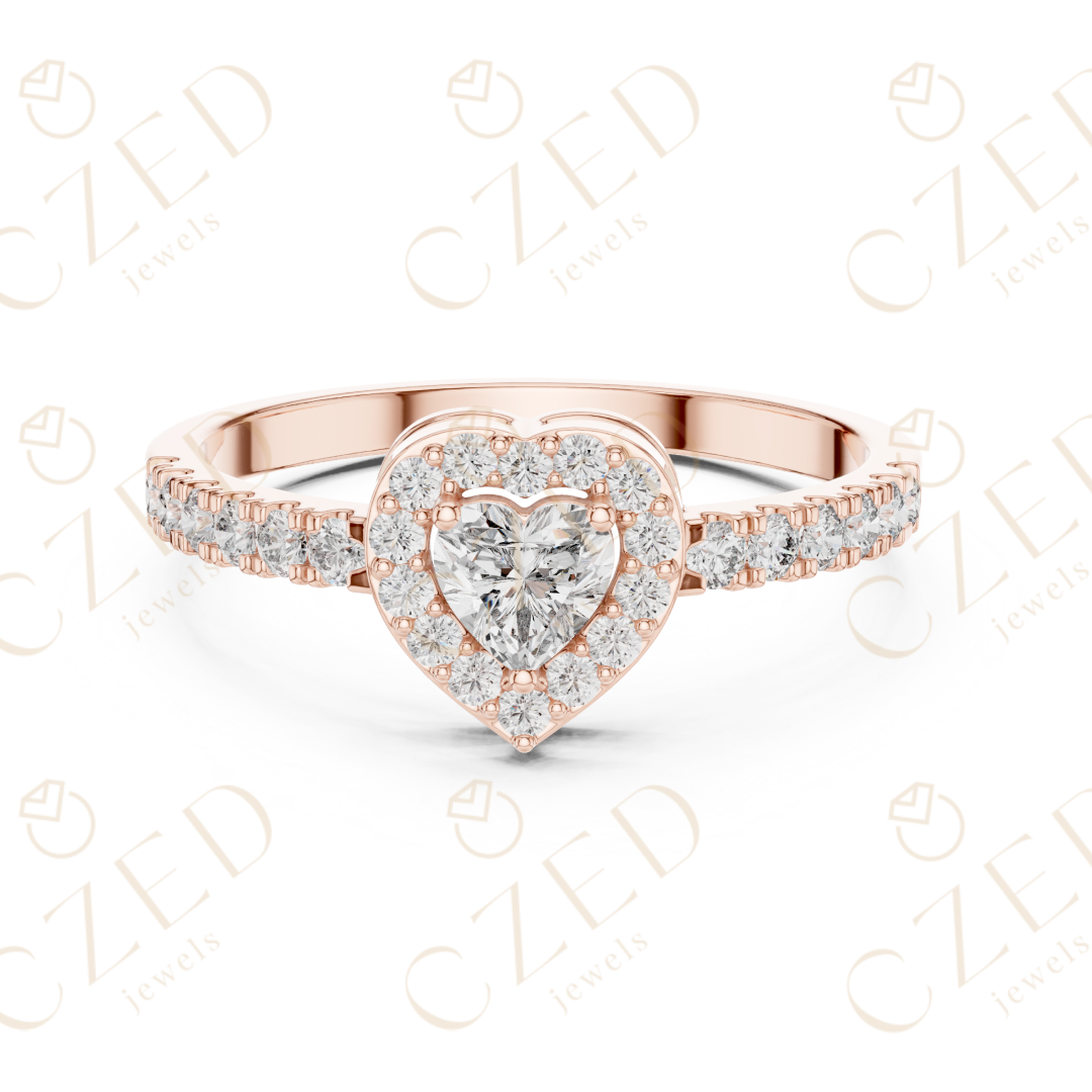Heart Cut Diamond Halo Ring with Pavé Accented Band and Romantic Brilliance
