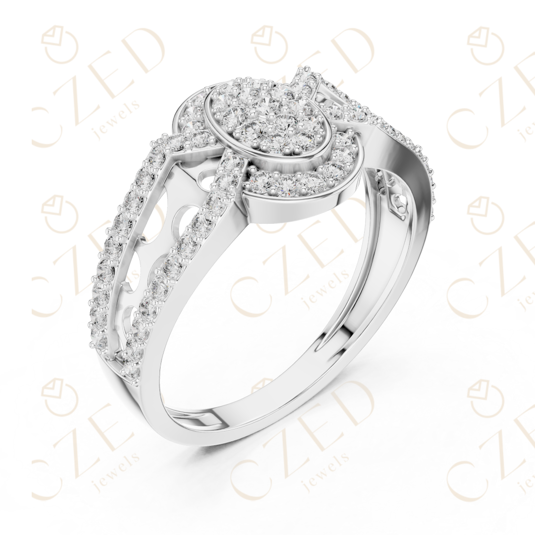 Oval Halo Diamond Cluster Ring with Split Pavé Band