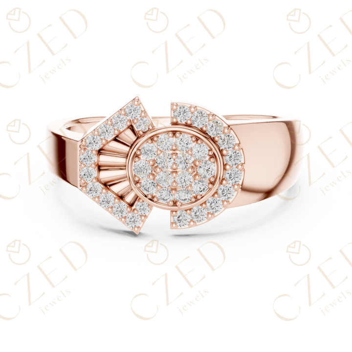 Round Cut Diamond Asymmetric Halo Disc Ring with Pavé Accents