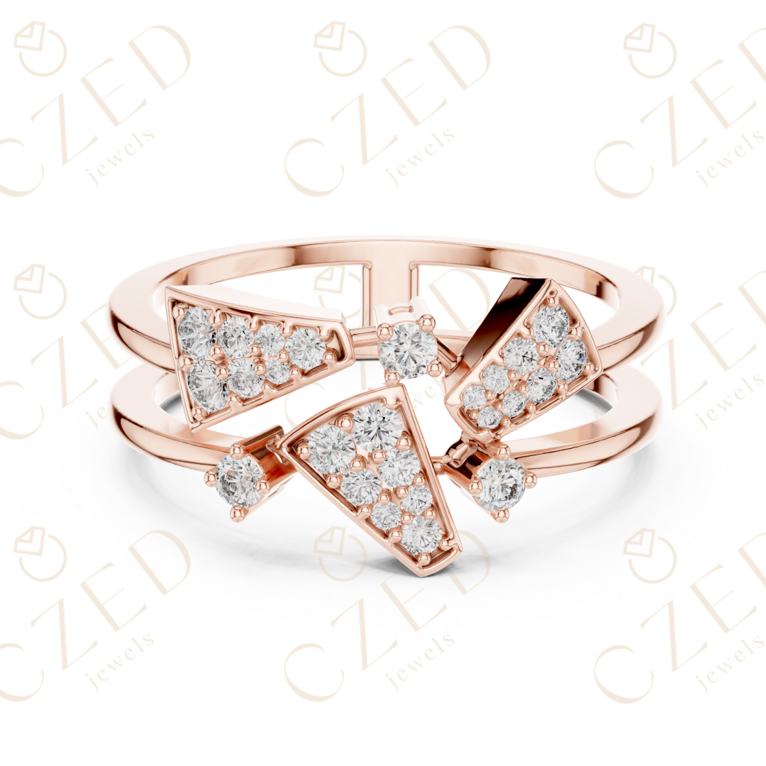 Round Cut Diamond Geometric Chevron Pavé Stackable Ring