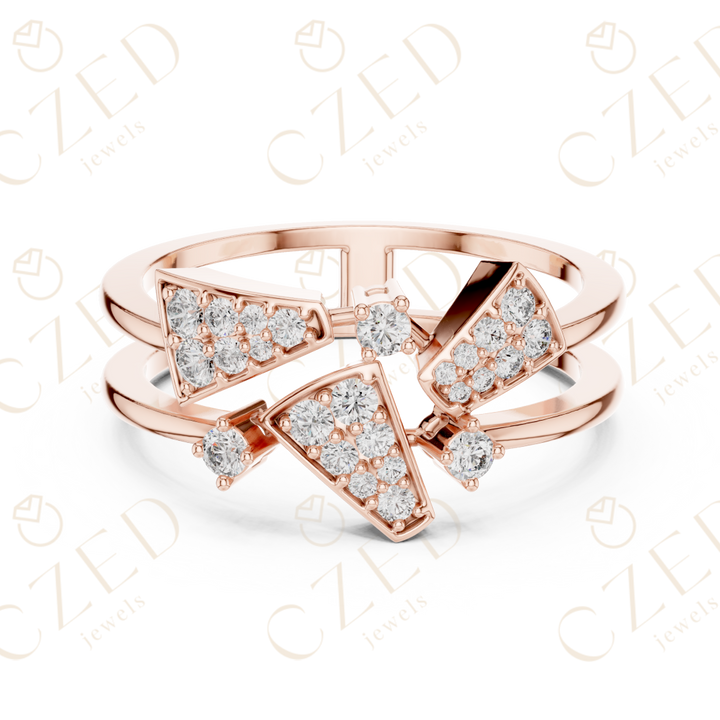 Round Cut Diamond Geometric Chevron Pavé Stackable Ring