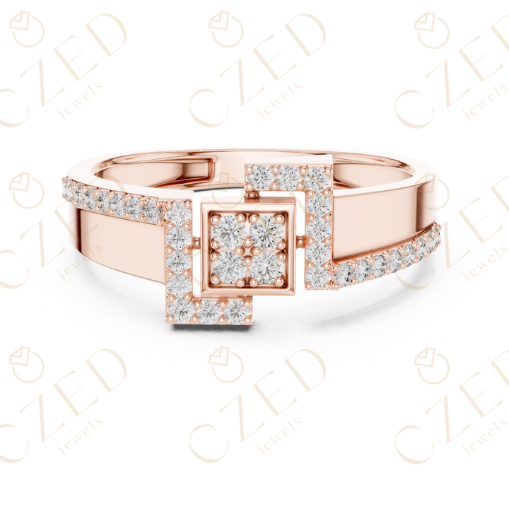 Round Cut Diamond Geometric Square Cluster Band with Pavé Accents