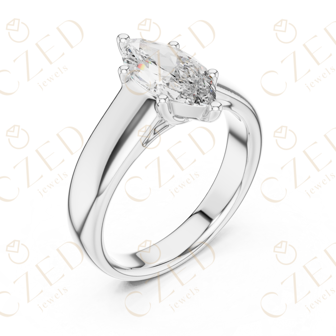 Marquise Cut Solitaire Diamond Engagement Ring with Elegant Tapered Band