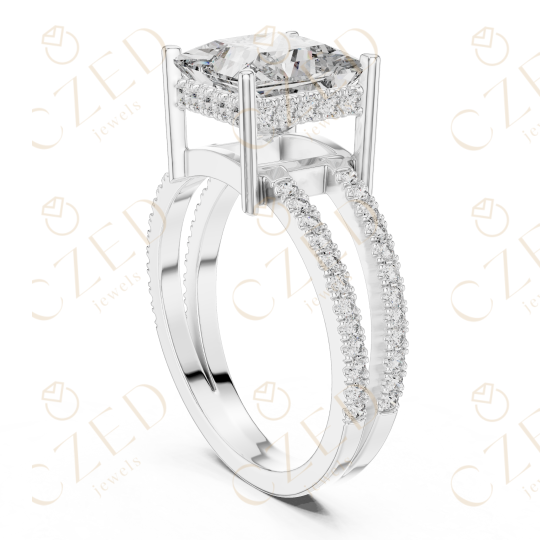 Princess Cut Solitaire Diamond Ring with Double Pavé Band