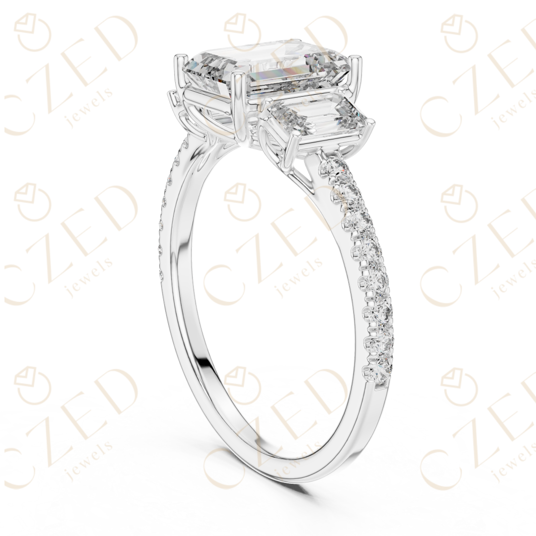 Emerald Cut Diamond Three Stone Ring with Pavé Band