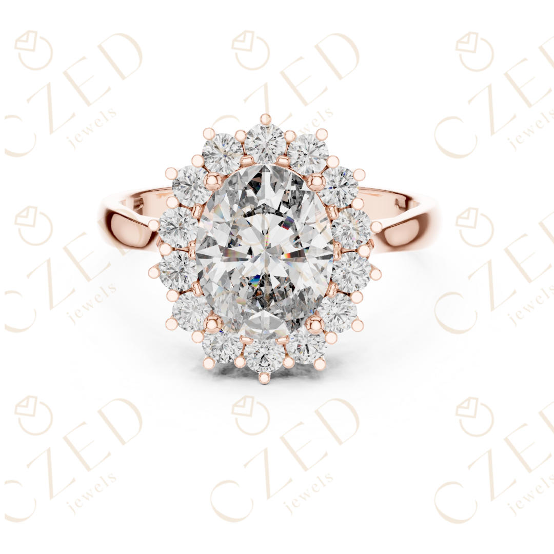 Oval Brilliant Halo Diamond Ring with Classic Collet Setting