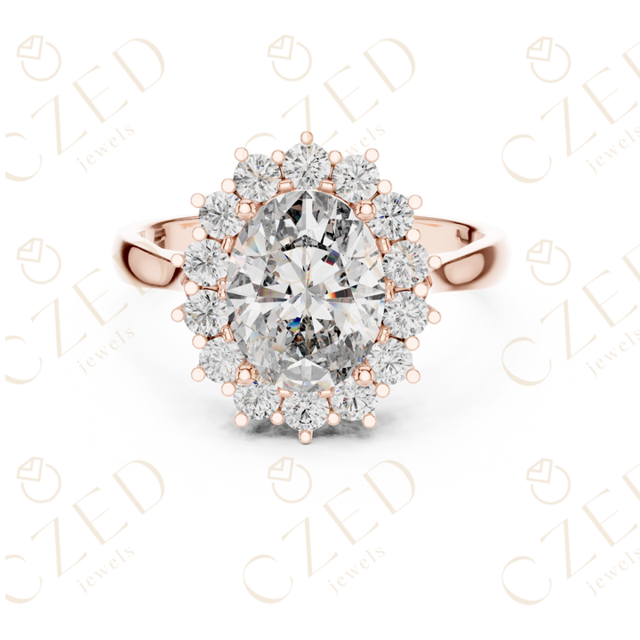 Oval Brilliant Halo Diamond Ring with Classic Collet Setting