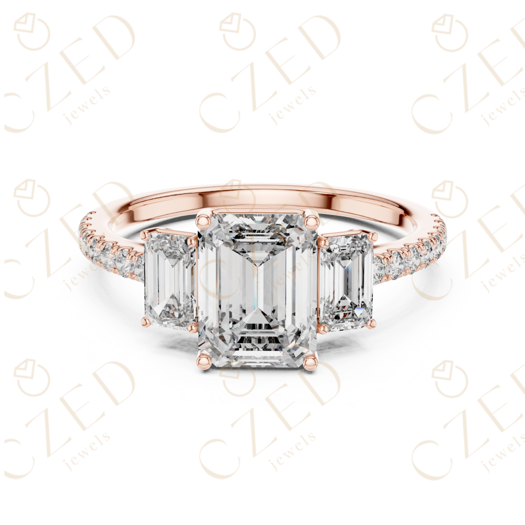 Emerald Cut Diamond Three Stone Ring with Pavé Band