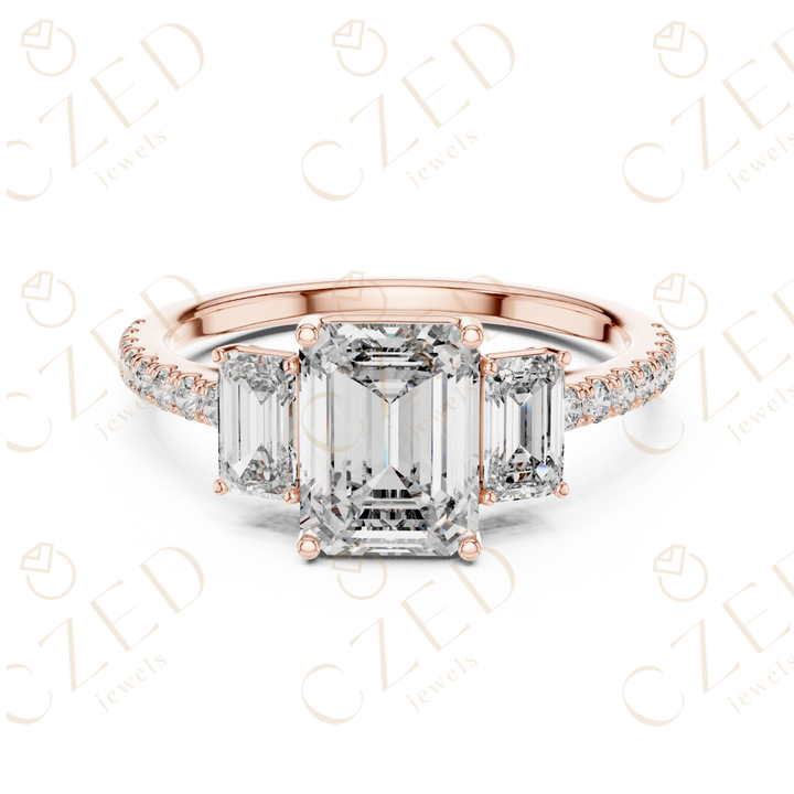 Emerald Cut Diamond Three Stone Ring with Pavé Band