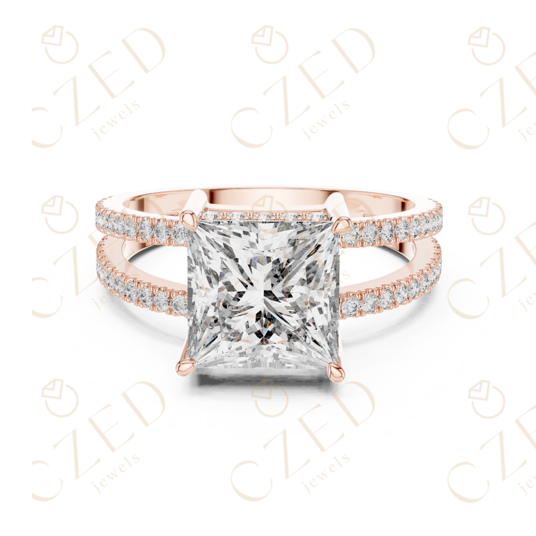 Princess Cut Solitaire Diamond Ring with Double Pavé Band