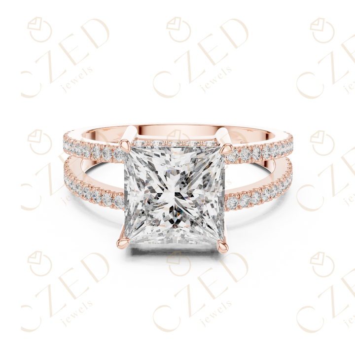 Princess Cut Solitaire Diamond Ring with Double Pavé Band