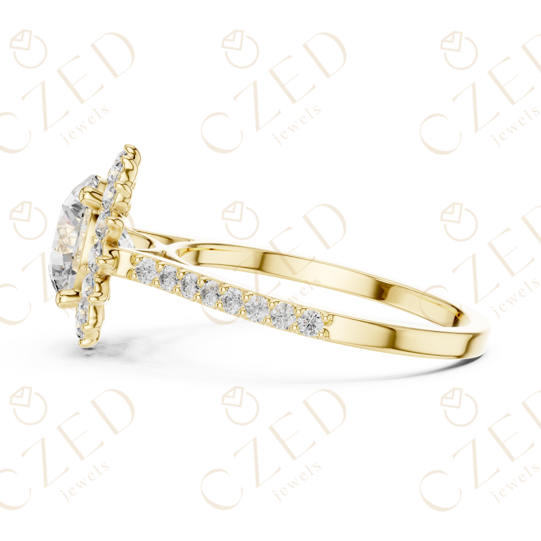 Round Cut Diamond Halo Engagement Ring with Pavé Band