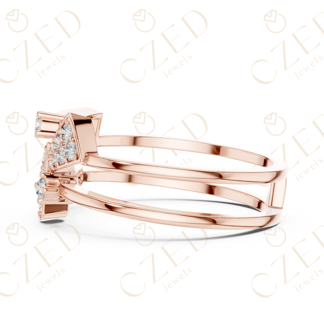 Round Cut Diamond Geometric Chevron Pavé Stackable Ring