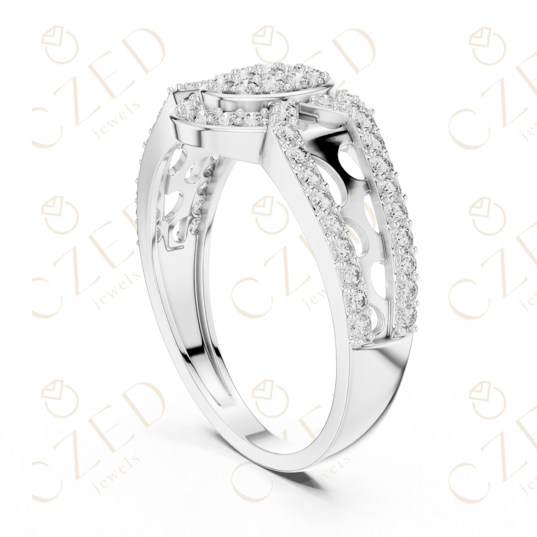 Oval Halo Diamond Cluster Ring with Split Pavé Band