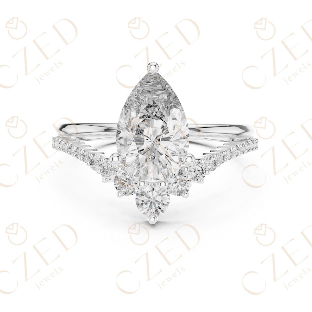 Pear Cut Diamond Engagement Ring with Round Side Stones