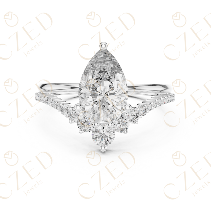 Pear Cut Diamond Engagement Ring with Round Side Stones