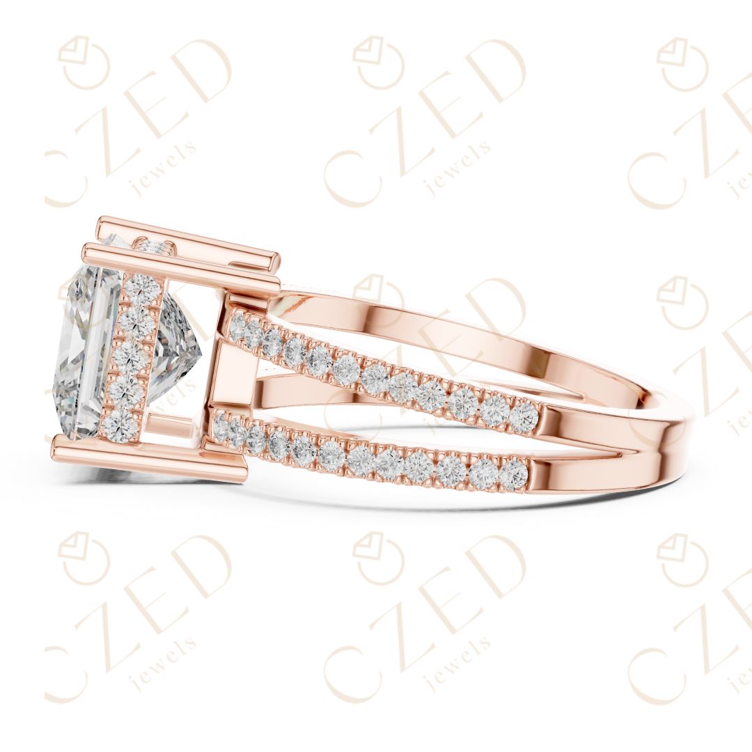 Princess Cut Solitaire Diamond Ring with Double Pavé Band