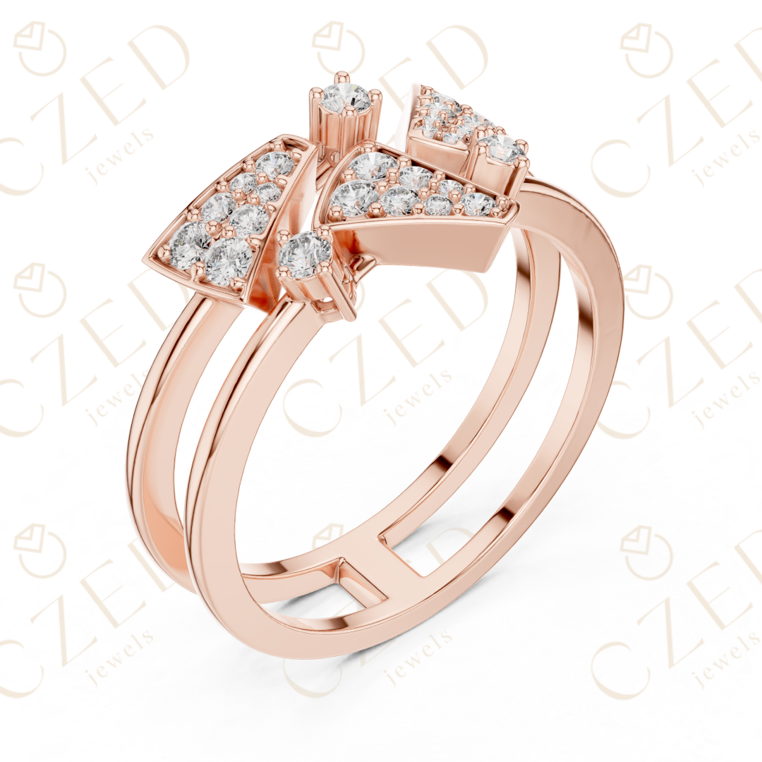 Round Cut Diamond Geometric Chevron Pavé Stackable Ring